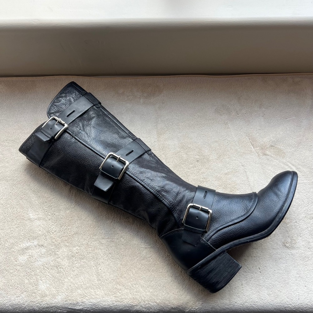 Donald Pliner Dax Women 7.5M Black Leather Triple Buckle Moto Tall Boots Grunge
